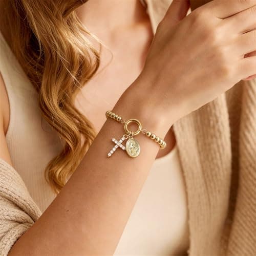 Womens Gold Beaded Cross Bracelet - 14k Gold Plated Virgin Mary Bracelets,Non Tarnish Religious Rosarios Catolicos Virgen de Guadalupe Cross Jewelry,Catholic Confirmation Baptism Gifts for Woman - Thumbnail 2
