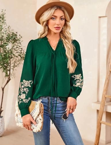 LOOKBOHO Women's Casual Floral Embroidered Puff Long Sleeve Tops Trendy Pleated V Neck Tie Front Boho Blouses Loose Shirts XL - Thumbnail 2
