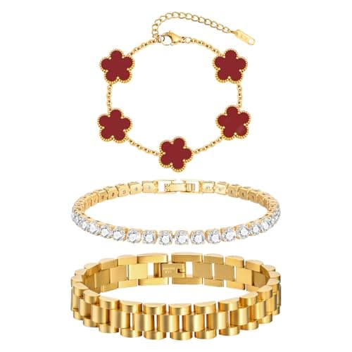 Stackable Gold Floral Bracelets Set - 3pcs 18K Gold Plated Bracelet Non-tarnish,Stainless Steel Link Chain Friendship Bracelet,Watch Band Trendy Jewelry,Christmas Valentines Birthday Gifts for Women - Image 1