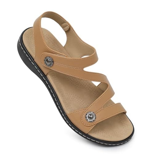 Goldnut Flat Beige Sandals For Women Dressy, Ankle Strap Arch Support Beige Walking Comfortable Flats Open Toe Orthopedic Sandalias US Size 7 - Image 1