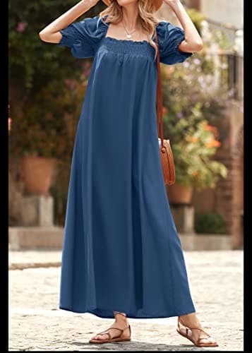 KIRUNDO Women 2026 Summer Maxi Dress Casual Loose Puff Sleeve Square Neck Maternity Flowy Long Beach Dresses with Pockets(Dark Blue, X-Large) - Thumbnail 4