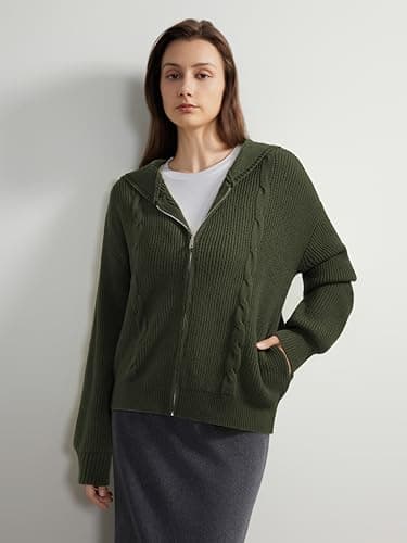 SUUKSESS Women Chunky Knit Cashmere Blend Sweaters Zip up Oversized Hoodies Cardigan with Pockets Long Sleeve Fall Jackets Outerwear (Army Green, M) - Thumbnail 2
