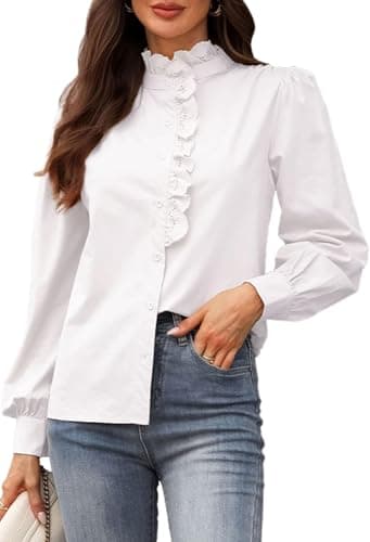 LOOKBOHO Women's Long Sleeve Blouse - Ruffle Collar Button Down Tops Spring Dressy Elegant Solid Retro Shirts for Casual, Office, Work, Everyday Wear White Medium - Image 1