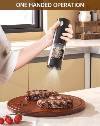 CIRCLE JOY Electric Salt and Pepper Grinder Set Rechargeable Salt and Pepper Mills with 6-Level External Adjustable Coarseness, White LED Light and Storage Base, Black & White - Thumbnail 4