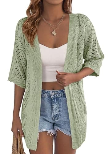 PRETTYGARDEN Women's Lightweight Summer Cardigans 2026 Short Sleeve Knit Crochet Coverups Spring Boho Beach Vacation Clothes (Green,Medium) - Image 1