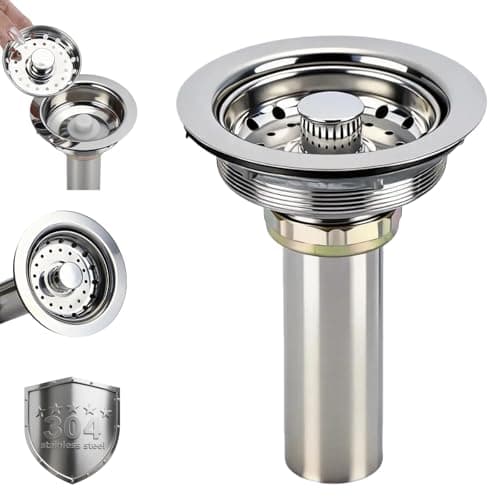 3 In 1 Kitchen Sink Drain Assembly, Stainless Steel Basket Strainer, 3-1/2 Inch Sink Drain Stopper Plug, Threaded Plastic Sink Strainer Tailpiece 1-1/2 in - Image 1
