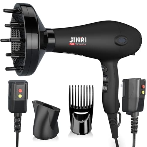 Blow Dryer - JINRI 1875W Diffuser Hair Dryer for Salon & Personal Use – Powerful, Fast Drying with Diffuser and Comb & Nozzle for Women & Men, ALCI Safety Plug, Black - Image 1