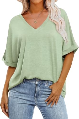 GKBK Womens Oversized T Shirts V Neck Loose Fit Shirts Short Sleeve Summer Casual Tops 2025 Trendy Blouses Y2K Plain Tees Light Green XXL - Image 1