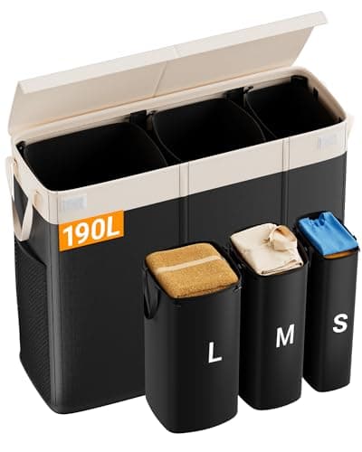 190L Laundry Hamper with Lid, Large Laundry Basket with Lid and 3 Section, Sturdy Laundry Baskets with 3 Removable Bags (L M S), Dirty Clothes Hamper Organizer for Laundry Room, Bedroom and Dorm Room - Image 1