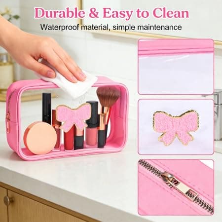 DegoCython Pink Bow Transparent Cosmetic Bag for Women & Girls - Waterproof PVC Makeup Pouch with Smooth Rose Gold Metal Zipper, Cute Coquette Style Travel Organizer, Ideal Birthday Gift - Thumbnail 5