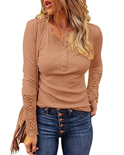 BTFBM Women Long Sleeve Shirts Spring Solid Button Up V Neck Lace Long Sleeves Slim Fit Knit Casual Fall T-Shirts 2026(Camel,X-Large) - Image 1