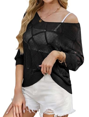 HUSKARY Beach Vacation Clothes for Women 2026 Trendy Spring Summer V Neck Casual 3/4 Sleeve Off Shoulder Crochet Cover Up Tops Hollow Out T-Shirts - Image 1