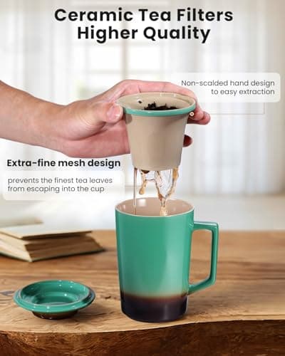 Foinly 15 oz Ceramic Tea Infuser Cup with Lid - Tea Mug with All Porcelain Strainer for Loose Leaf Teas,Microwave and Dishwasher Safe,Metal-Free,BPA-Free for Tea Lovers/Easter Day(Green) - Thumbnail 3