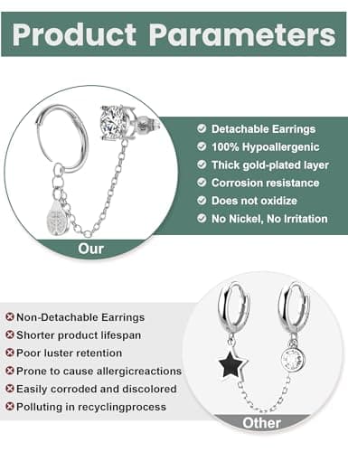 Chain Earrings for Women - Double Piercing Dangle Chain for Women, Detachable Huggie Hoop Earrings with Cubic Zirconia Studs & Ladybug Dangle Design, 316L Surgical Steel Hypoallergenic - Thumbnail 3