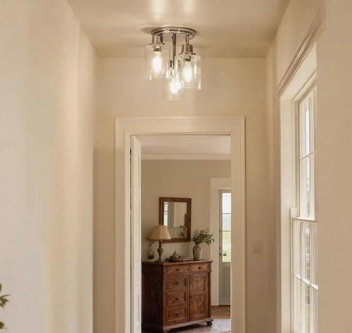 Semi Flush Mount Ceiling Light, 3-Light Close to Ceiling Light Fixtures, Electroplating Chrome Finish with Clear Seeded Glass Shade Chandelier Lighting for Stairs Porch Hallway Entryway Kitchen - Thumbnail 2
