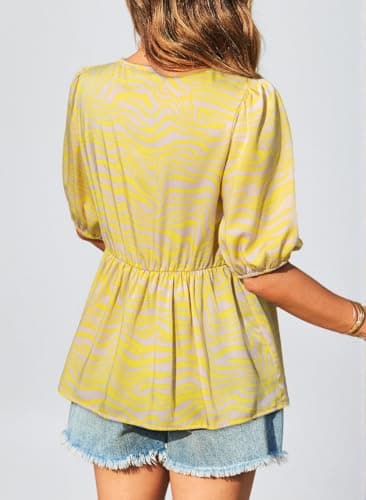 Dokotoo Shirts for Women Casual Floral Print Crew Neck Ruffle Hem Half Sleeve Cute Summer Tops for Women 2026 Womens Peplum Blouses Fashion Tie Front Boho Vacation Spring Tops Deals Yellow Medium - Thumbnail 3