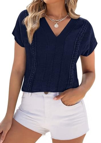 PRETTYGARDEN Blouses for Women Dressy Casual Spring 2026 Cap Sleeve V Neck Lace Trim Boho Tops Work Shirts Summer Clothes (Navy Blue,Medium)