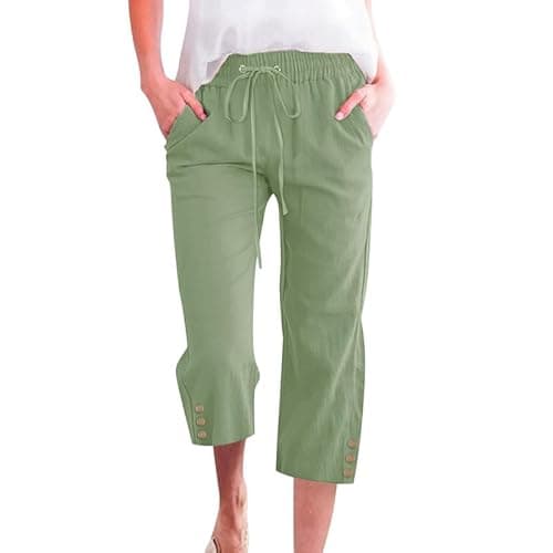 WROLEM Womens Capris Pants High Waist Drawstring Comfy Casual Pants Lightweight Trousers Buttons with Pockets 67-Mint-Green XX-Large - Image 1