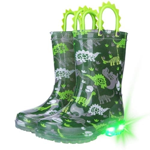 Funspread Toddler Kids Rain Boots - Light Up Boys Rainboots Boots Waterproof Lightweight Outdoor Shoes with Easy-On Handles Green Little Kids Size 13 - Image 1