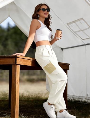 LOOKBOHO 𝐂𝐚𝐫𝐠𝐨 𝐏𝐚𝐧𝐭𝐬 𝐖𝐨𝐦𝐞𝐧 Summer 2026 Color Block Pockets Lightweight Travel Drawstring Joggers Straight Leg Casual Hiking Trousers Light Apricot X-Large - Thumbnail 4