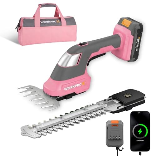 WORKPROX 20V Pink Cordless Grass Shear & Shrubbery Trimmer - 2-in-1 Handheld Electric Grass Trimmer Hedge Shears/Grass Cutter with Tool Bag, Rechargeable Lithium-Ion Battery and Type-C Cable Included - Image 1