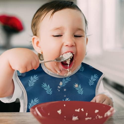 CIVARUA KIDS 3-Pack Waterproof Baby Bibs for Eating - Mess Proof Lightweight Toddler Feeding Bibs with Large Food Catcher, Food-Grade Baby Eating Essentials, Easy to Put On & Clean(Blue Dinosaur) - Thumbnail 2