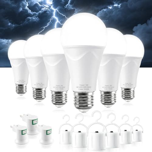 Brightever 6 Packs Rechargeable Emergency Light Bulbs, Battery Operated Light Bulb for Power Outage, 6000K Daylight White 120V 9W 60W Equivalent 1200mAh Rechargeable LED Bulb for Camping, Hurricane