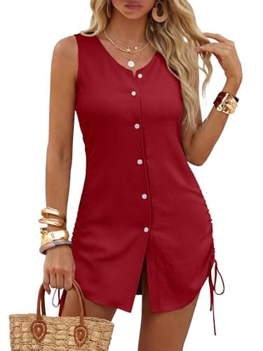 ANRABESS Swimsuit Coverup for Women 2026 V Neck Sleeveless Button Down Drawstring Bathing Suit Summer Beach Vacation Clothes Red - Image 1
