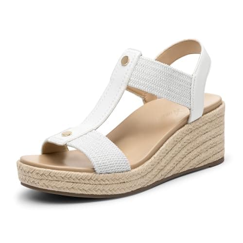 Athlefit Espadrille Wedge Sandals for Women Platform Comfortable Dressy Casual Open Toe Elastic Strap White Sandals for Summer Walking Size 8.5 - Image 1