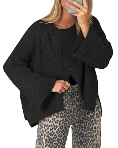 Balimtoy Womens Oversized Chunky Cardigan Sweaters Trendy Fall Long Sleeve Crewneck Button Down Wrap Sweater Jackets Black L - Image 1