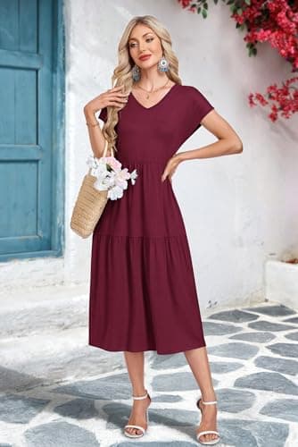 WNEEDU Summer Dresses for Women 2026 Sundress Spring Casual Dresses Beach Vacation Clothes Wedding Guest Dress Casual Sundresses Swing Tiered Slimming,Wine Red,L - Thumbnail 3