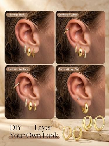 9 Pairs Gold Hoop Earrings Sets for Women, 14K Gold Plated Small Hoop Earring Sets for Multiple Piercing, Cute Small Tiny Lightweight Earrings for Sensitive Ears Everyday - Thumbnail 5