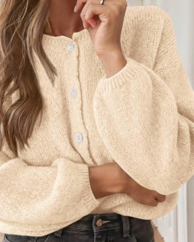 KIRUNDO Women’s Cardigans Casual Loose Button Up Long Sleeve Crewneck Knit Cardigan Sweaters Open Front Outerwear Coats(Cream, XX-Large) - Thumbnail 4