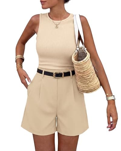 BTFBM 2 Piece Sets for Women Summer 2026 Sleeveless Matching Short Sets Tank Crew Neck Airport Travel Outfits Pockets(Apricot+Khaki, XX-Large) - Image 1