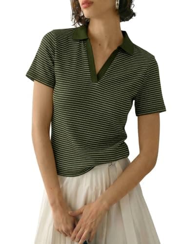 Tankaneo Womens Striped Polo Shirts Summer V Neck Short Sleeve Collared Knit Tops Dressy Casual Textured Blouse Army Green - Image 1