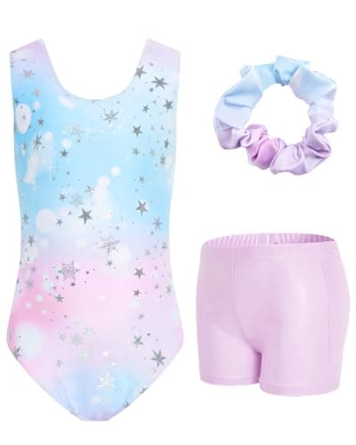 JiAmy Gymnastics Leotards for Girls, Sleeveless Sparkly Dance Biketards with Shorts Ballet Tumbling Outfit Star Snowflake 11-12 Years - Image 1