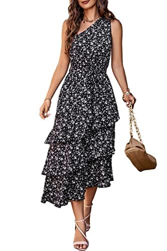 PRETTYGARDEN Women's Summer Floral Sundress Casual One Shoulder Tiered Ruffle Flowy Midi Beach Boho Dresses (Floral Black,Large) - Image 1