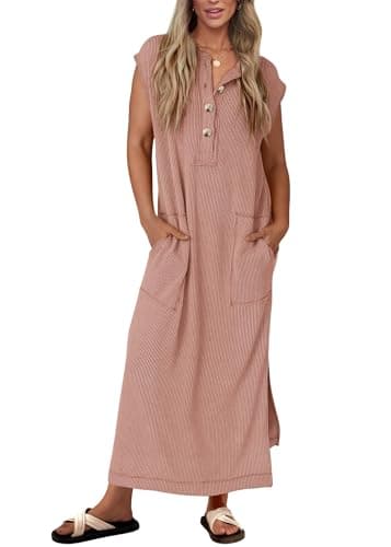KIRUNDO Womens Summer Dresses 2026 Spring Ribbed Knit Henley Short Sleeve Maxi Dress Button Up Loose Beach Vacation Sundress(Light Brown, Small) - Image 1