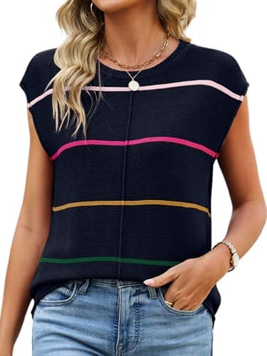 Bellcoco Womens Cap Sleeve Summer Tops Striped Sweater Vest Lightweight Casual Crewneck Loose Knit Pullover Tank Top Beach Vacation Outfits Navy Blue L - Image 1