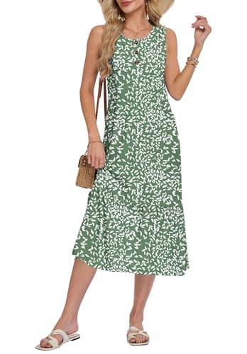 WNEEDU Womens Summer Dress 2026 Sleeveless Button Down Casual Loose Long Beach Sundress Travel Vacation Outfits,Flyleaf Olive,S - Image 1