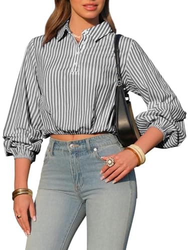 EXLURA Women's 100% Cotton Long Sleeve Crop Tops Summer Striped Collared Button V Neck Pullover Shirt Elastic Hem Y2K Blouse Black - Image 1
