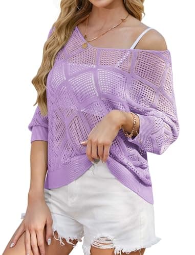 HUSKARY Crochet Tops for Women Trendy Spring Summer Hollow Out 3/4 Batwing Sleeve Off Shoulder T-Shirts Casual V Neck Loose Beach Pullover Cover Ups - Image 1