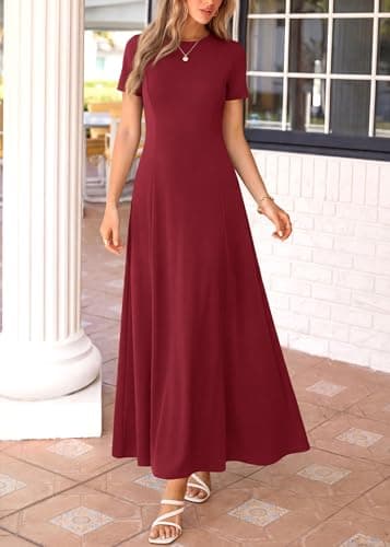 KIRUNDO Wedding Guest Dresses for Women 2026 Spring Summer Short Sleeve Pleated Long Flowy A Line Formal Maxi Dress Pockets(Burgundy, Medium) - Thumbnail 4