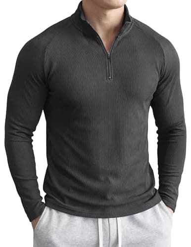 JMIERR Mens Casual Shirts Slim Fit Muscle Ribbed Stretchy Lightweight Moisture Wicking Knitted Quarter Zip Long Sleeve T Shirts for Workout Gym Running, XX-Large, A Carbon Grey - Image 1