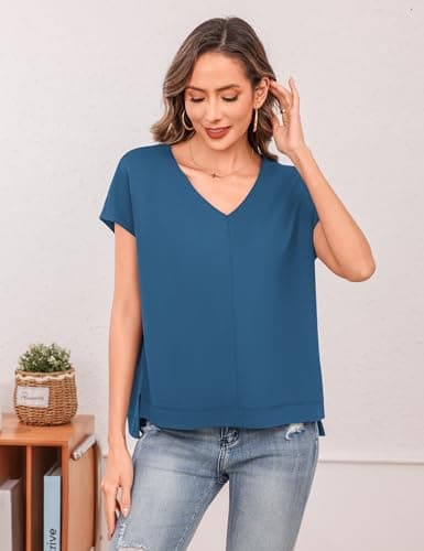 Totatuit Sexy Deep V Neck Tops for Women Trendy Boxy Oversized T Shirts Cap Sleeve Loose Fit Going Out Summer Tee Casual Tunic Top Dark Blue X-Large - Thumbnail 3