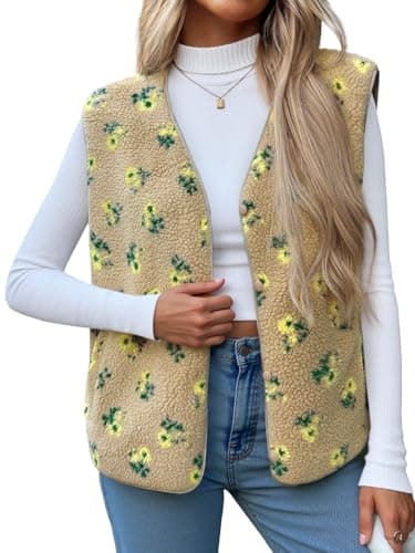 Cicy Bell Womens Fuzzy Fleece Vest Fall Floral Sleeveless Sherpa Jacket Lightweight Button Down Warm Outerwear with Pockets