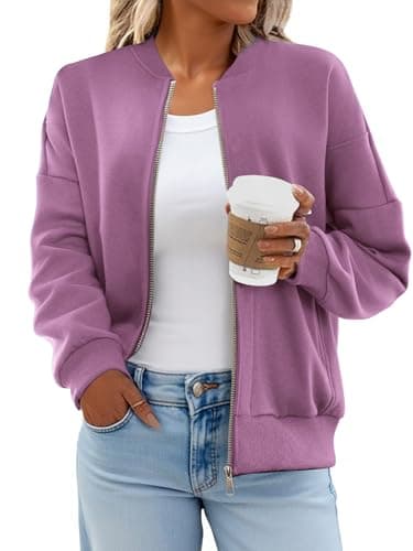 GEMLON Womens Zip Up Sweatshirts Jackets Long Sleeve Casual Loose Outwear with Pockets Purple L - Thumbnail 2