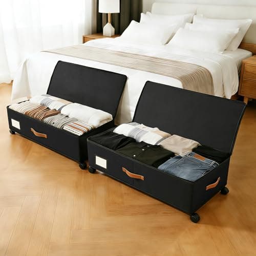 Under Bed Storage Containers with Wheels 2-Pack , 9.5" Tall Underbed Storage Drawers Organizer Bins for Clothes Shoes Toys Wrapping Paper with Extra Interior Pockets, Easy Pull-out, Heavy-duty - Image 1
