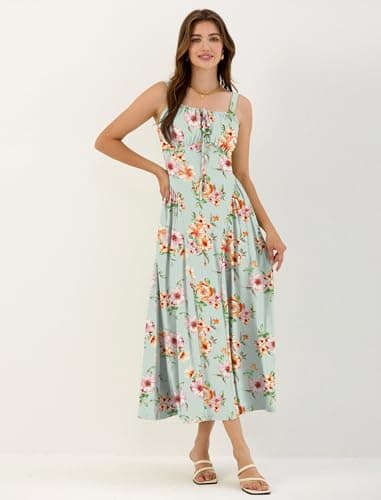 ZAFUL Women Summer Floral Midi Dress Corset Smocked Flowy A Line Sundress Wedding Guest Dresses with Pockets Light Green L - Thumbnail 5