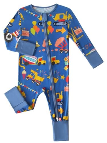 Joonberry Infant Baby Girl Clothing Bamboo Rayon Footies, Newborn outfit Footed Long Sleeve Jumpsuit with Zipper and Mitten Cuffs (Construction Pump Truck, 8-12M) - Image 1